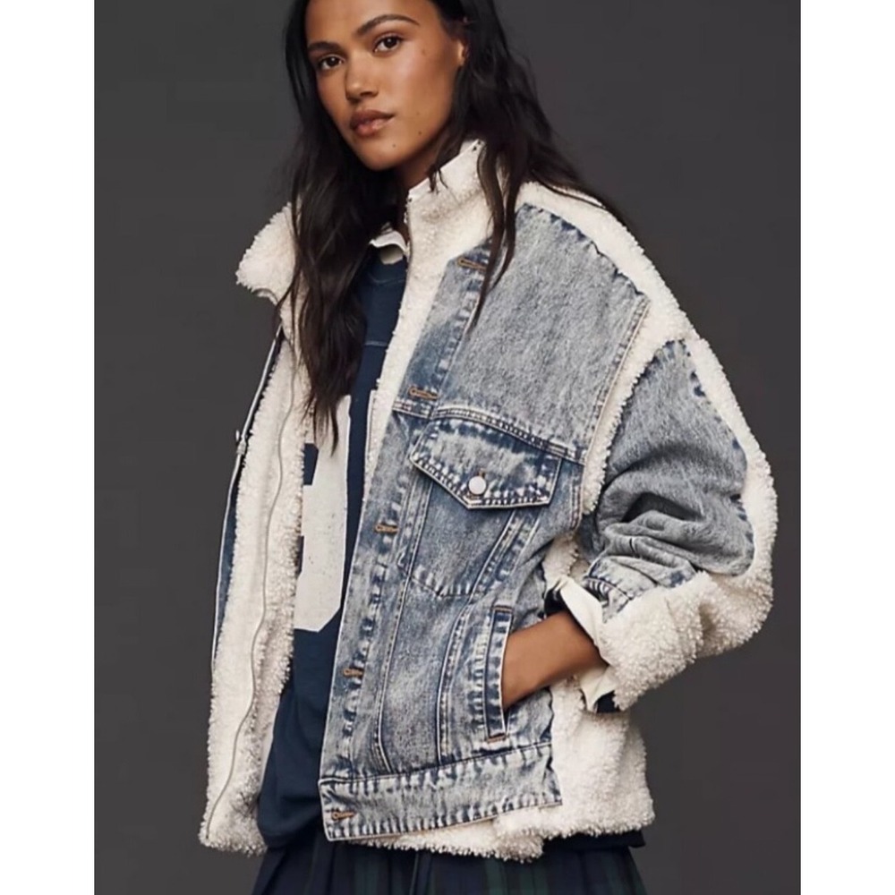 BlankNYC Oversized Denim Sherpa Jacket Acid Wash Mixed Media Cream Blue S